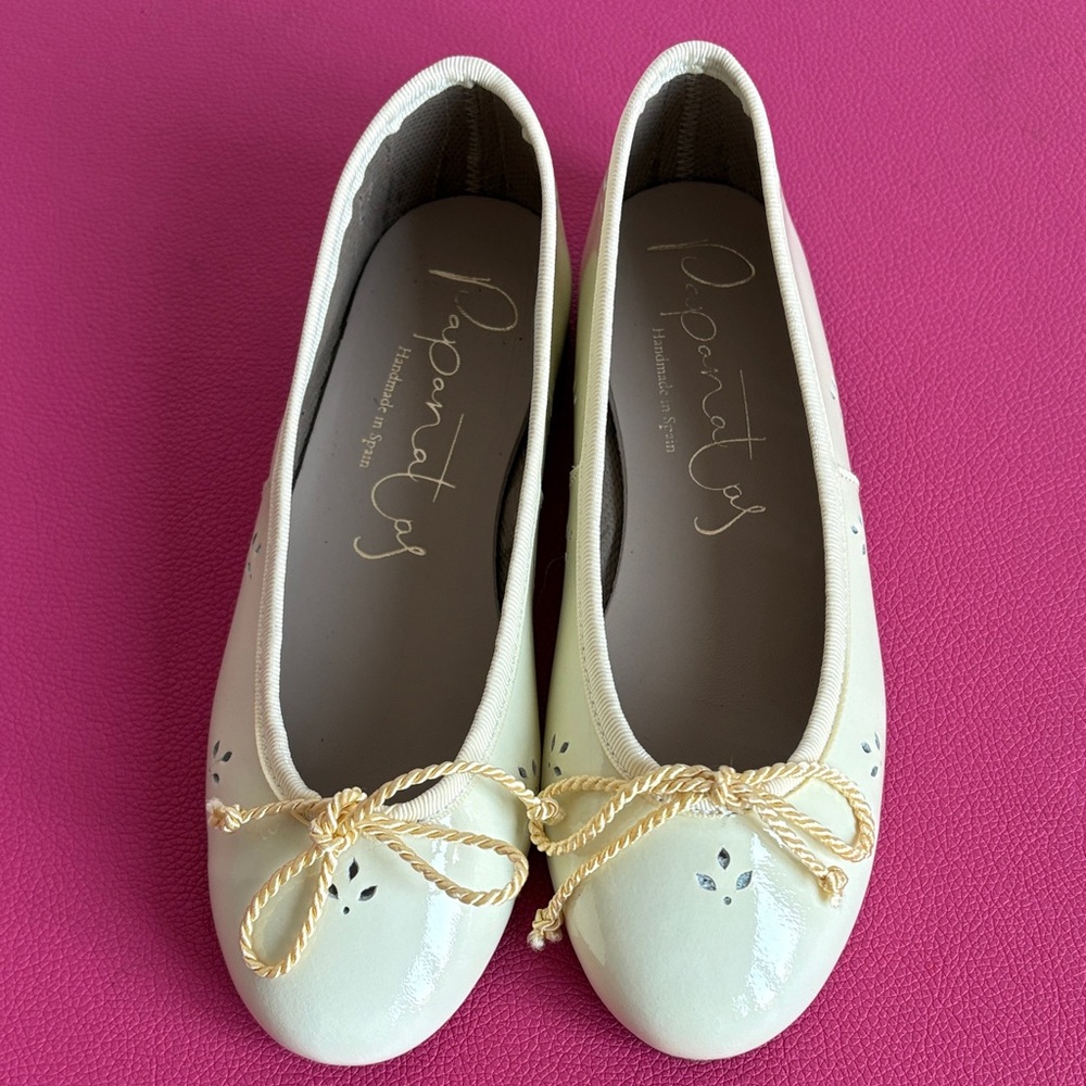 Papanatas yellow Patent Ballet Flats with Gold Rope Bow Accent